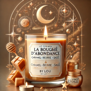 DALL·E 2024-11-06 15.22.01 - A product visual for 'La bougie d’abondance caramel -beurre - salé,' inspired by the 'Le Chemin étoilé' logo aesthetic. The candle is presented in an