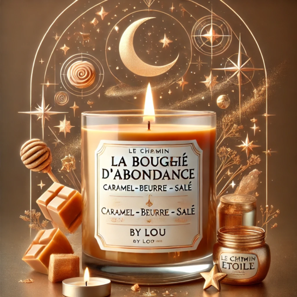DALL·E 2024-11-06 15.22.01 - A product visual for 'La bougie d’abondance caramel -beurre - salé,' inspired by the 'Le Chemin étoilé' logo aesthetic. The candle is presented in an