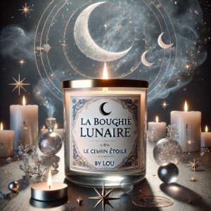DALL·E 2024-11-06 15.26.16 - A product visual for 'La Bougie Lunaire,' inspired by a celestial and mystical aesthetic. The candle is presented in an elegant glass jar with a label
