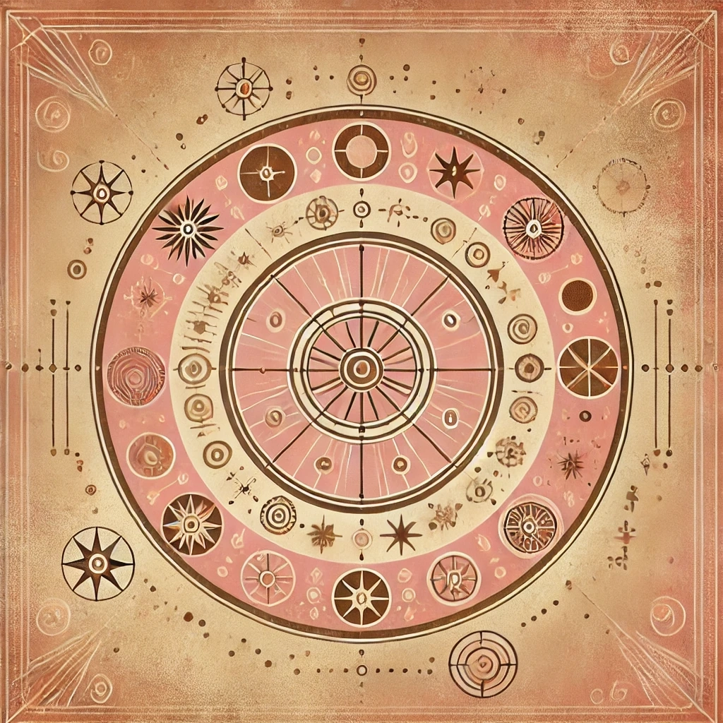 DALL·E 2024-11-11 11.51.05 - A simple, circular visual representation of the history of numerology, with a rosy pink and soft earthy background. Incorporate ancient symbols, cosmi