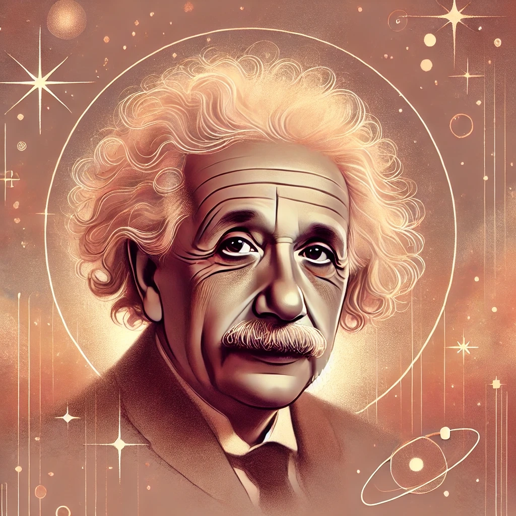 DALL·E 2024-11-11 12.02.34 - A portrait of Albert Einstein illustrated in soft, warm tones inspired by a celestial and mystical aesthetic. Use earthy and rosy colors, similar to w