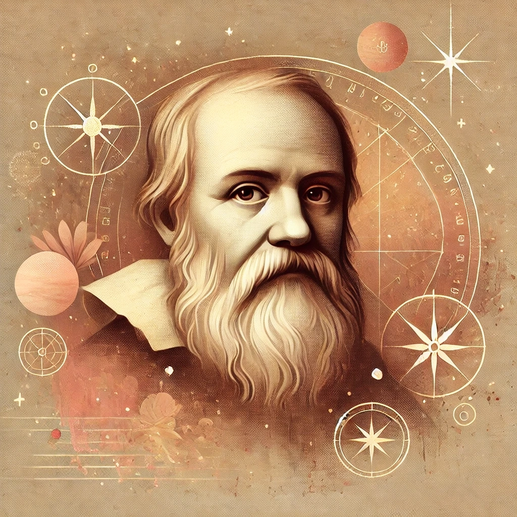 DALL·E 2024-11-11 12.18.32 - A portrait of Galileo Galilei illustrated in soft, warm tones inspired by a celestial and mystical aesthetic. Use earthy and rosy colors, similar to w