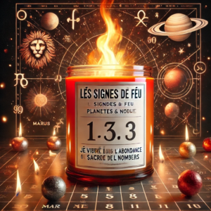 DALL·E 2024-11-13 16.16.08 - A product visual for a candle inspired by the theme 'LES SIGNES DE FEU_ PLANÈTES & NOMBRES.' The candle is presented in a glass jar with a label that