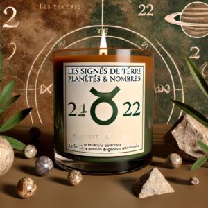 DALL·E 2024-11-13 16.23.42 - A product visual for a candle inspired by the theme 'LES SIGNES DE TERRE_ PLANÈTES & NOMBRES.' The candle is presented in an earthy-toned glass jar wi