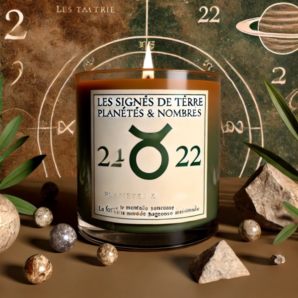 DALL·E 2024-11-13 16.23.42 - A product visual for a candle inspired by the theme 'LES SIGNES DE TERRE_ PLANÈTES & NOMBRES.' The candle is presented in an earthy-toned glass jar wi