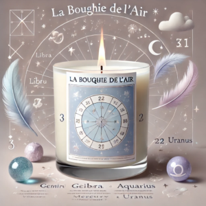 DALL·E 2024-11-13 16.31.16 - A product visual for 'La Bougie de l'Air,' inspired by the air signs Gemini, Libra, and Aquarius, along with the planets Mercury, Venus, and Uranus. T
